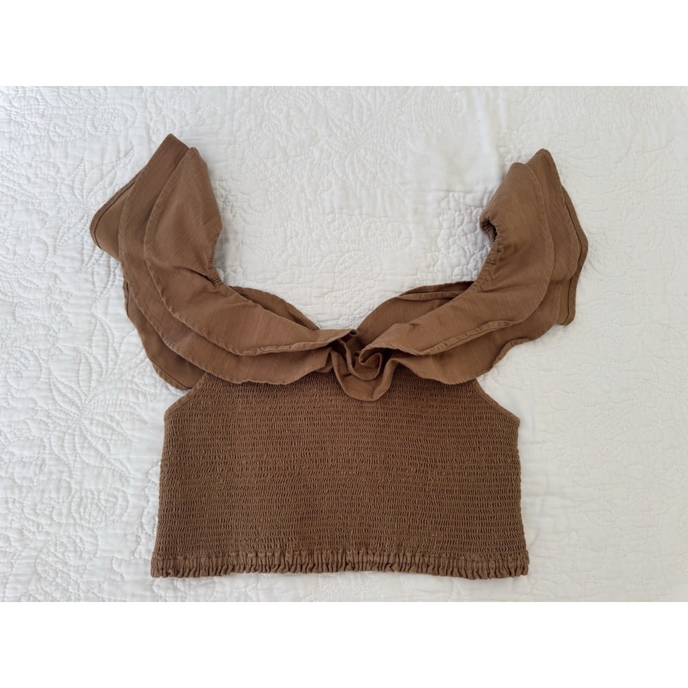 Anthropologie Maeve Brown Ruching Ruffle Shoulder Croptop Size 6P